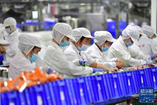 在广西善元食品螺蛳粉生产车间,工人在生产线上包装产品